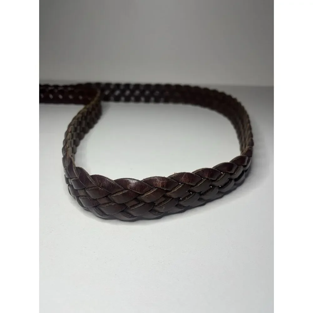 Braided Genuine Leather Belt Mahogany Brown Gold Buckle Woven Gaucho 38